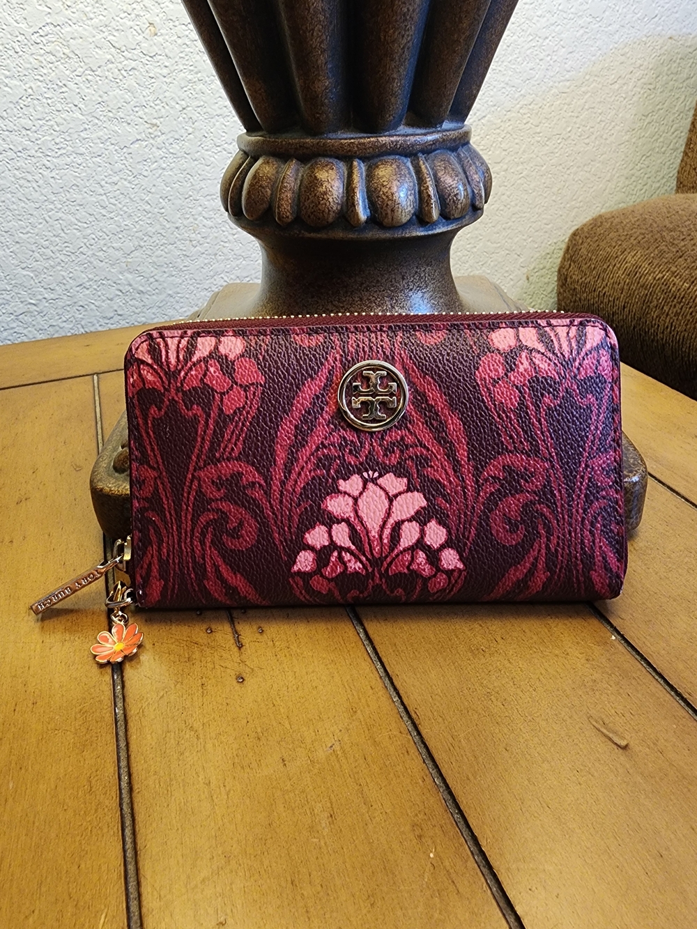 Tory Burch Kerrington Mini Wallet Clutch Red Maroon Damask Boho Print